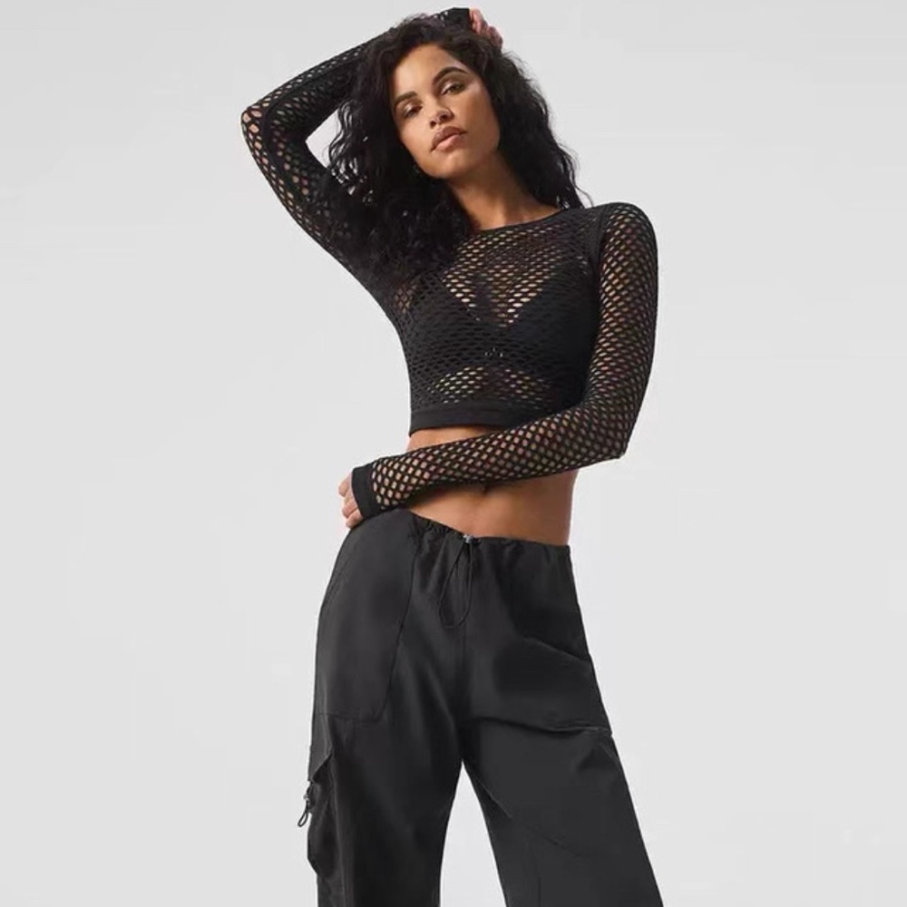 ALO Yoga Black Long-Sleeve Fishnet Crop Top